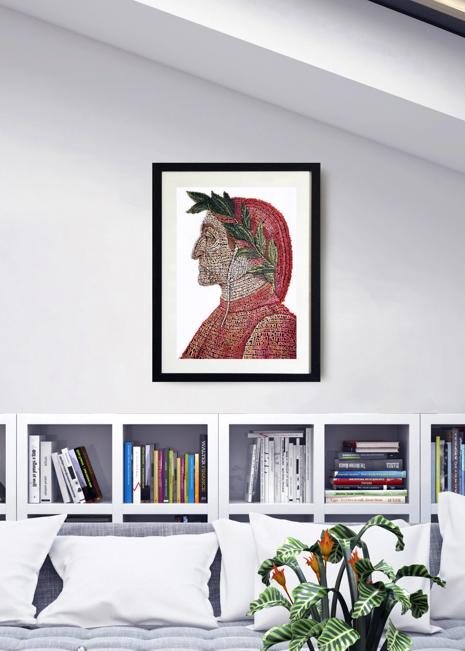 Calligramma dedicato a Dante inserito in un ambiente d’arredo