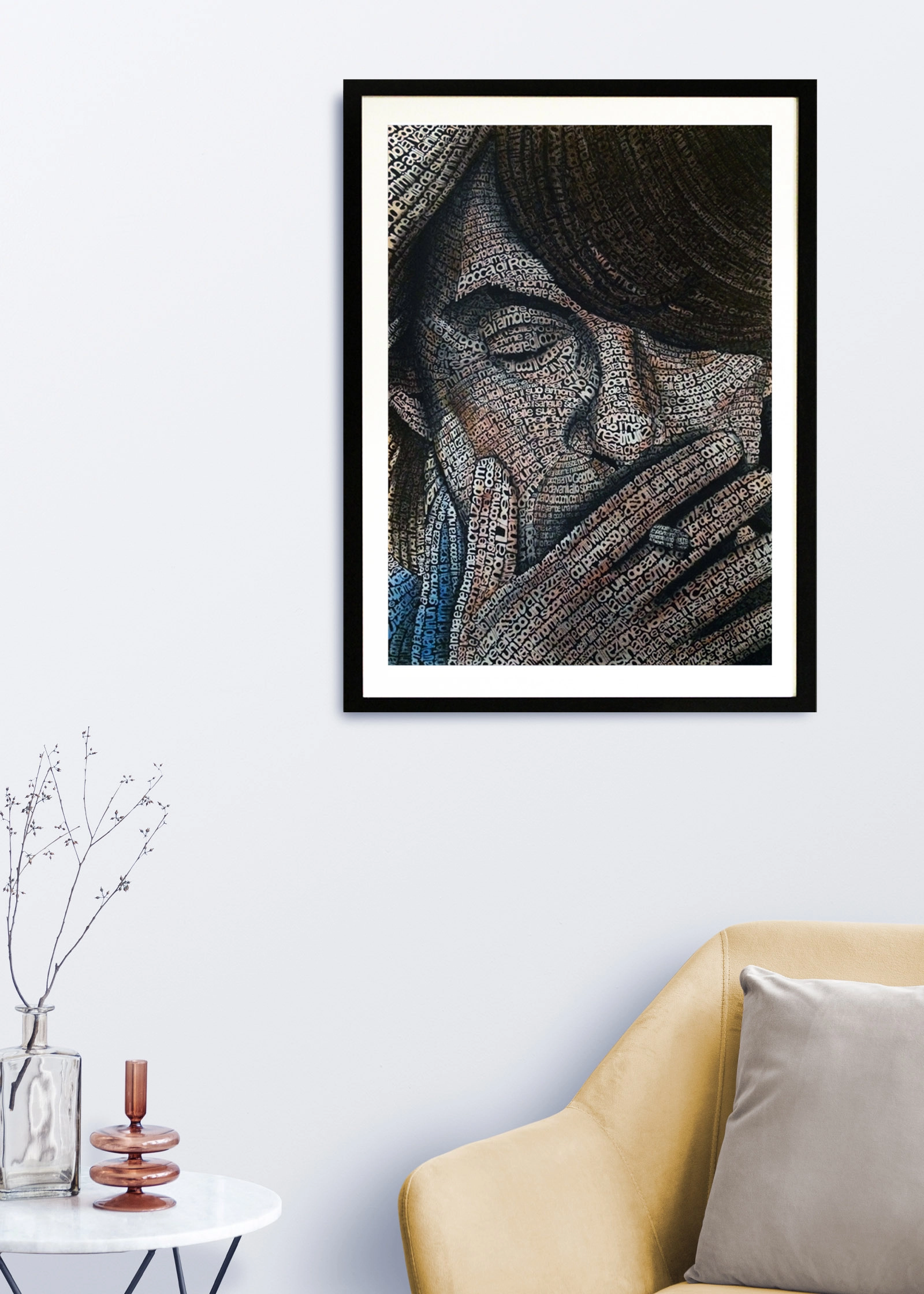 Calligramma dedicato a Fabrizio De André inserito in un ambiente d’arredo
