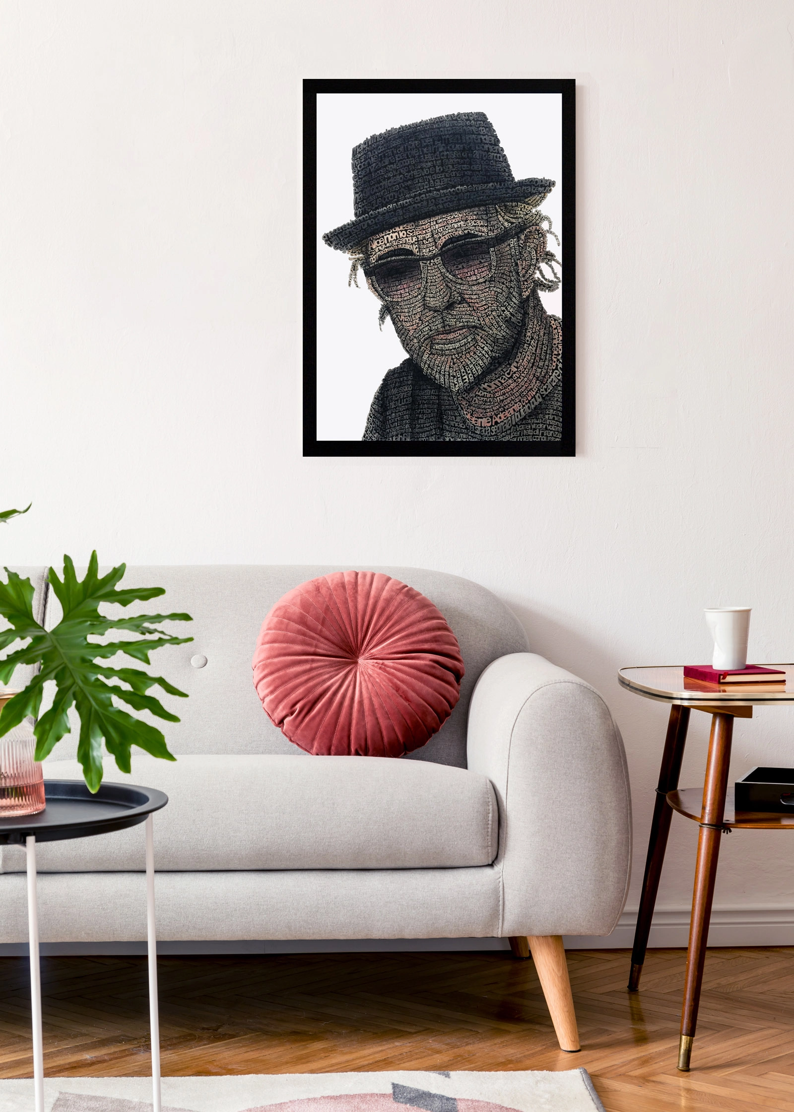 Calligramma dedicato a Francesco De Gregori inserito in un ambiente d’arredo