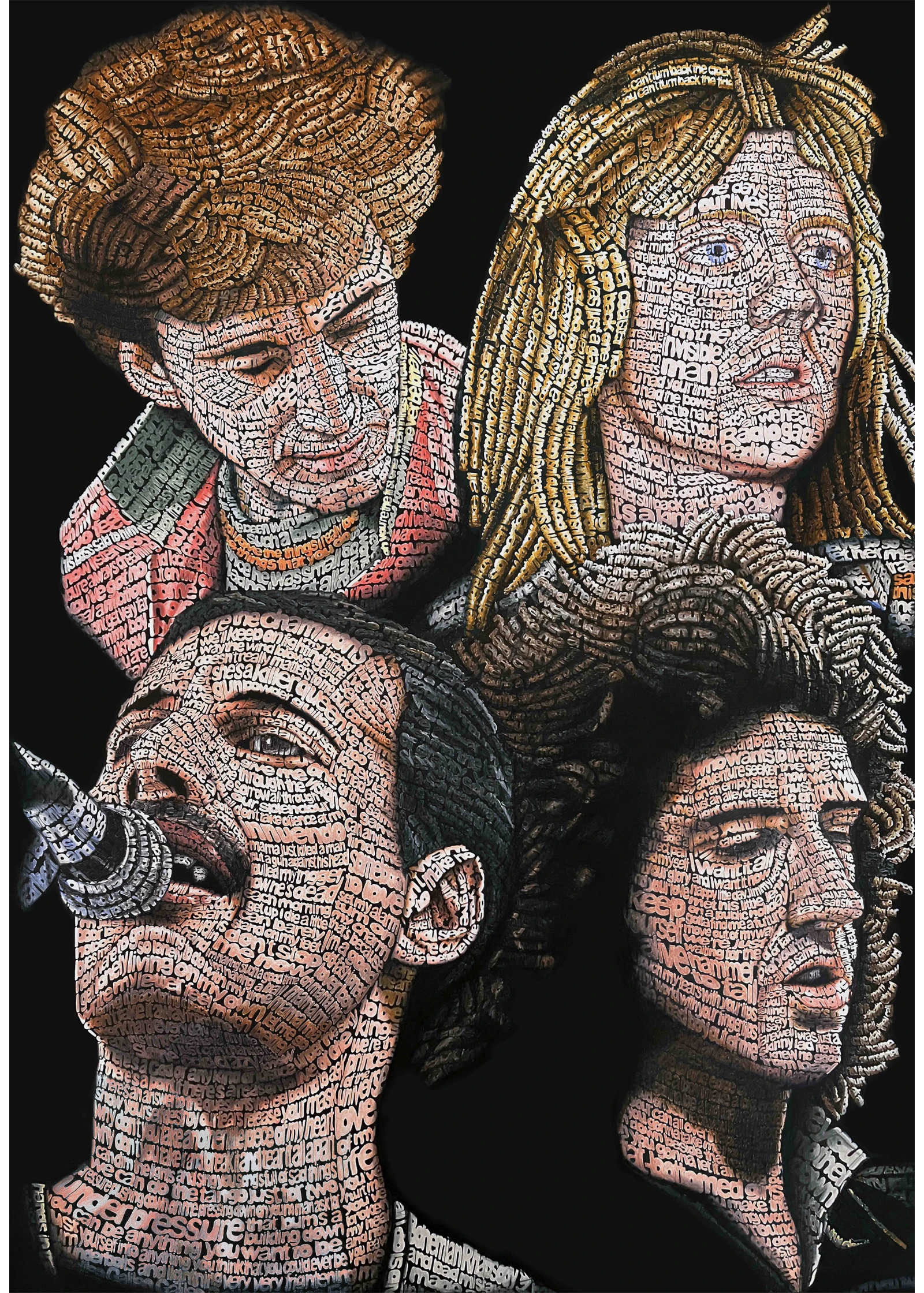 Calligramma dedicato ai Queen con i quattro membri della band costruiti attraverso i testi