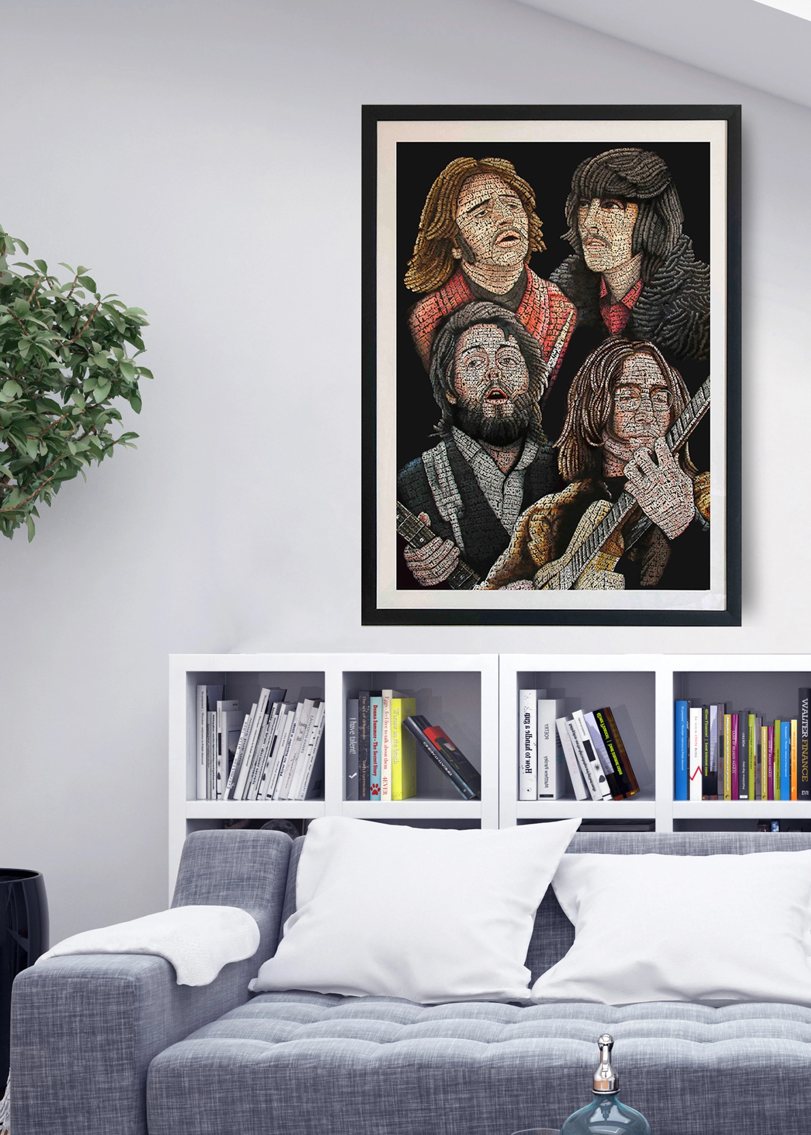 Calligramma dedicato ai Beatles inserito in un ambiente d’arredo