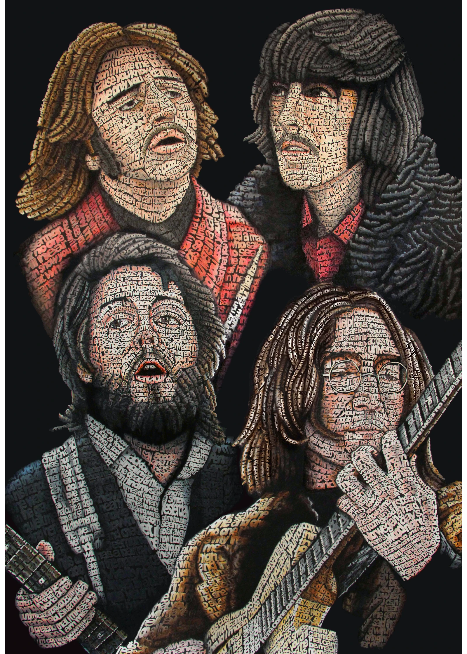 Calligramma dedicato ai Beatles con i quattro membri della band costruiti attraverso i testi