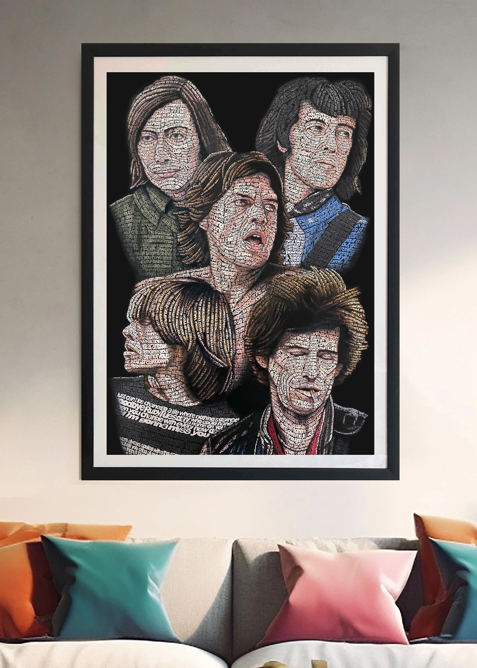 Calligramma dedicato ai Rolling Stones inserito in un ambiente d’arredo