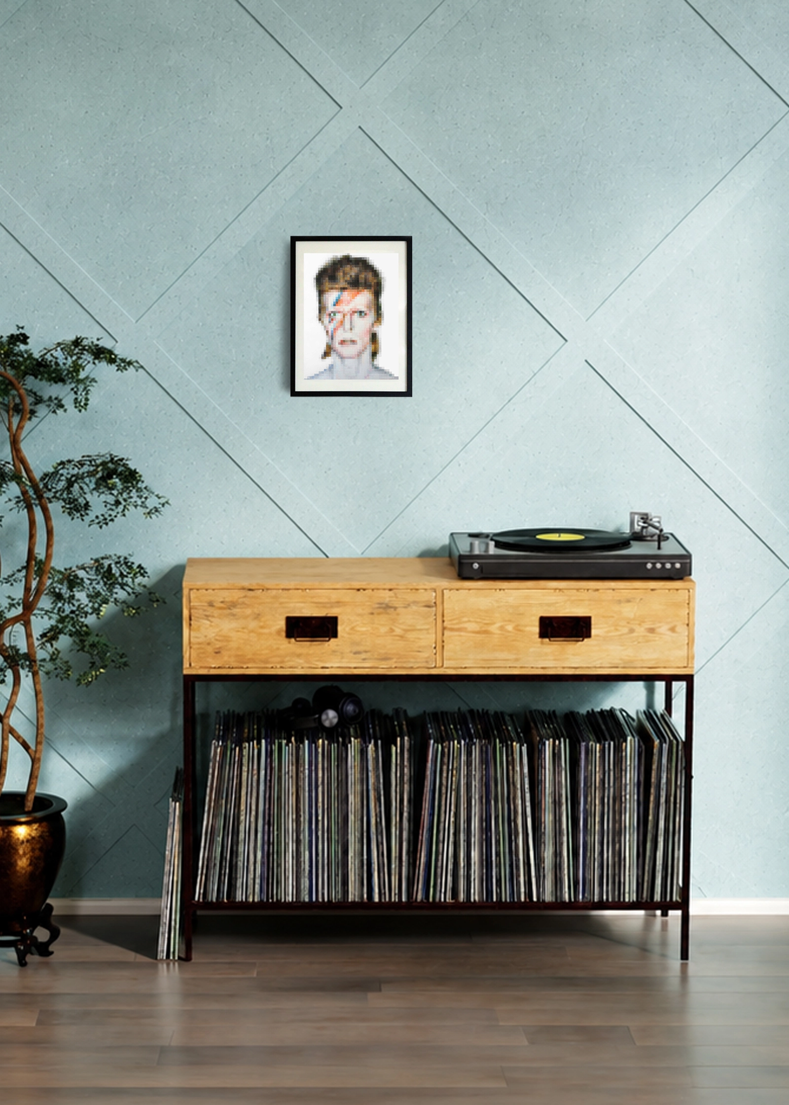 Ritratto Pixel di David Bowie inserito in un ambiente d’arredo