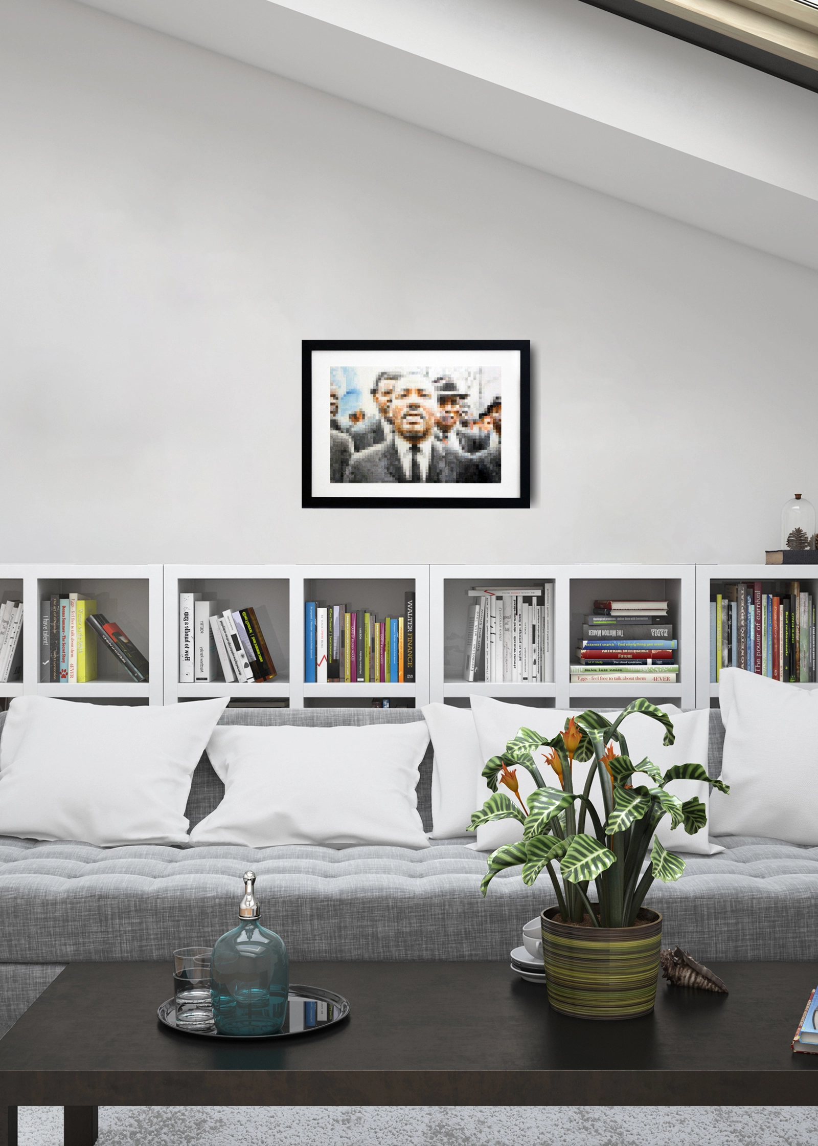 Ritratto Pixel di Martin Luther King inserito in un ambiente d’arredo