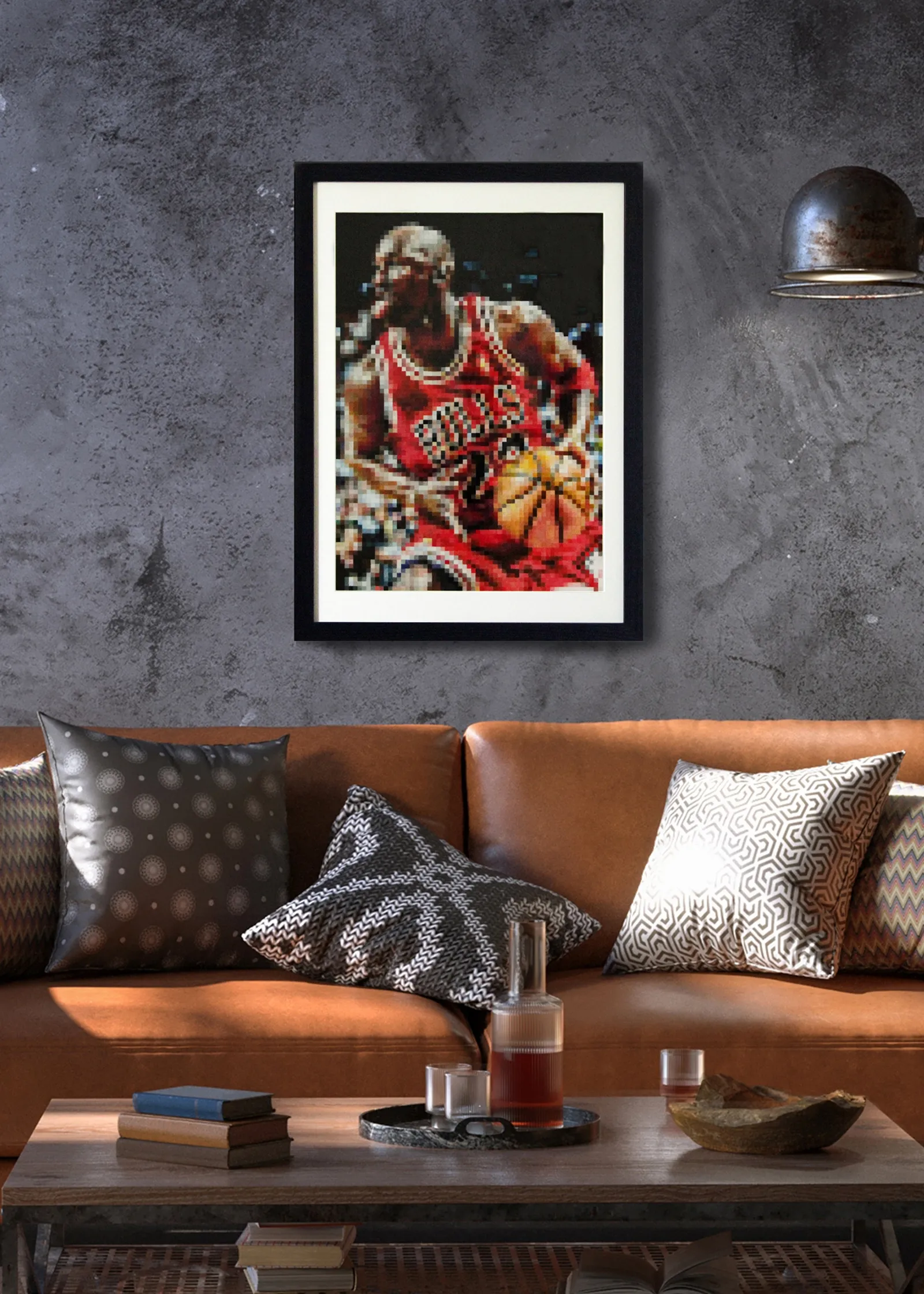 Ritratto Pixel di Michael Jordan inserito in un ambiente d’arredo