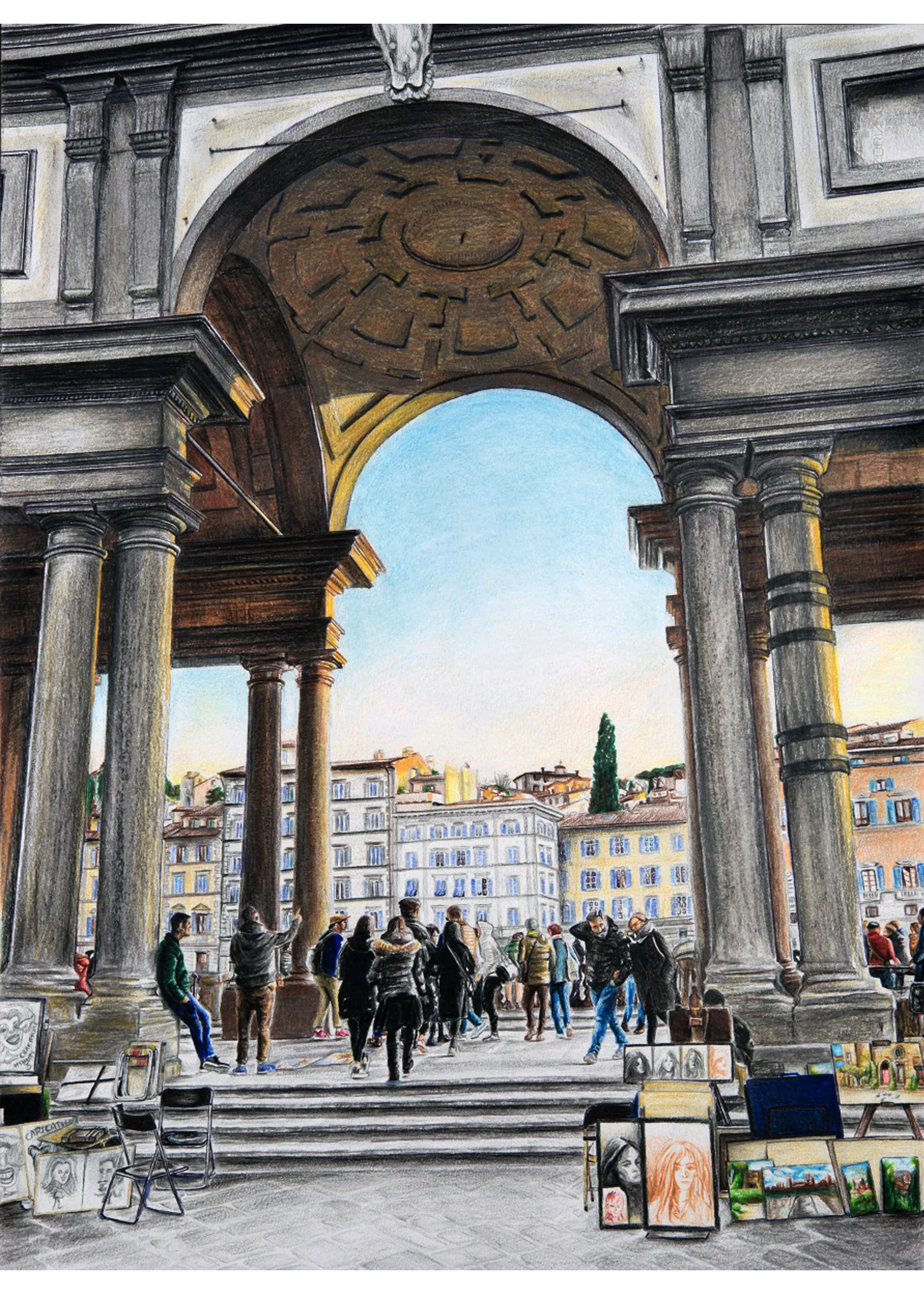 Veduta del Piazzale degli Uffizi con turisti e artisti di strada