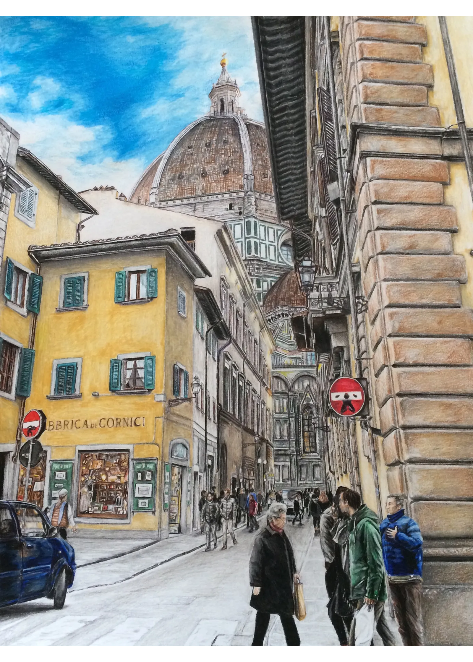 Veduta di Via dei Servi a Firenze con la cupola del Duomo sullo sfondo